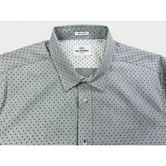 Ben Sherman Soho Slim Fit Mens Size Large Gray Black Polka Dot Long Sleeve Shirt - Picture 5 of 13